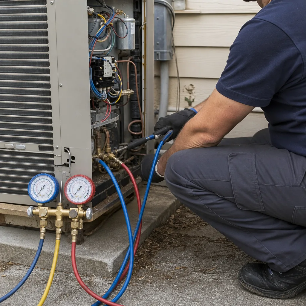 HVAC technician performing AC installation and maintenance with manifold gauges