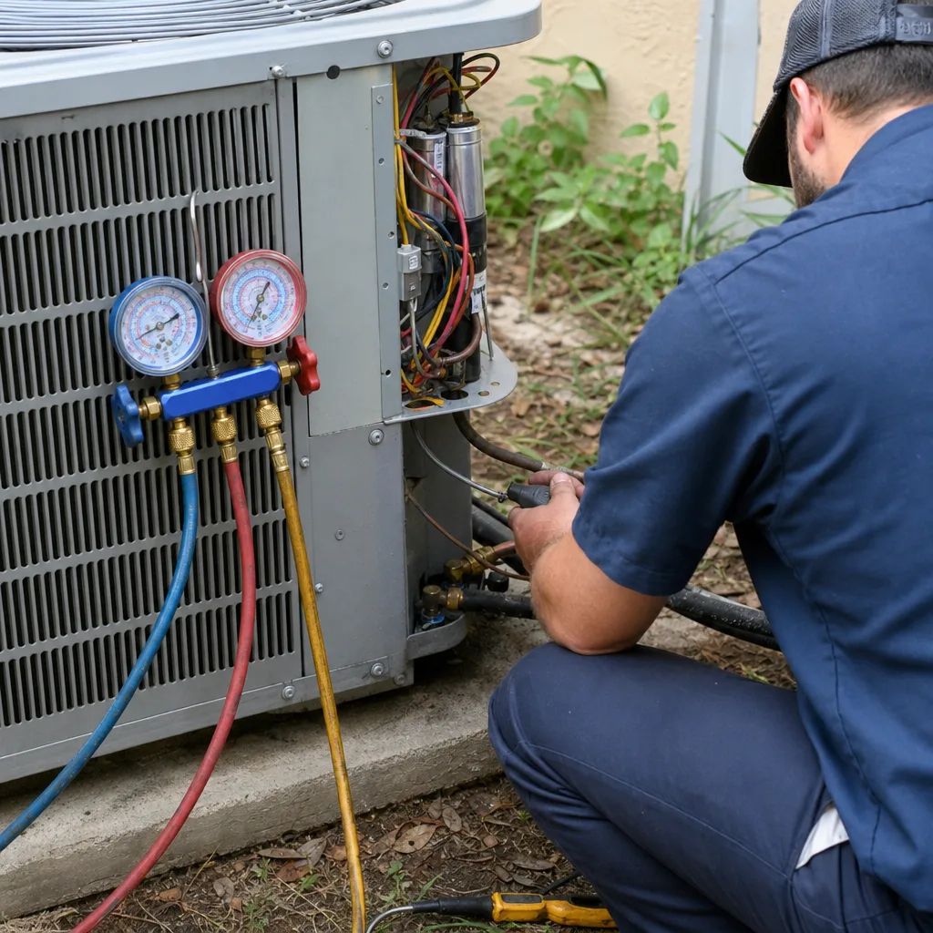 HVAC technician performing professional AC installation and system maintenance