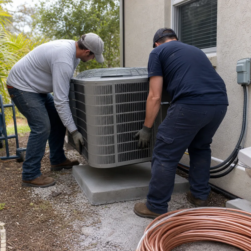 Two professional HVAC technicians installing a residential air conditioning unit