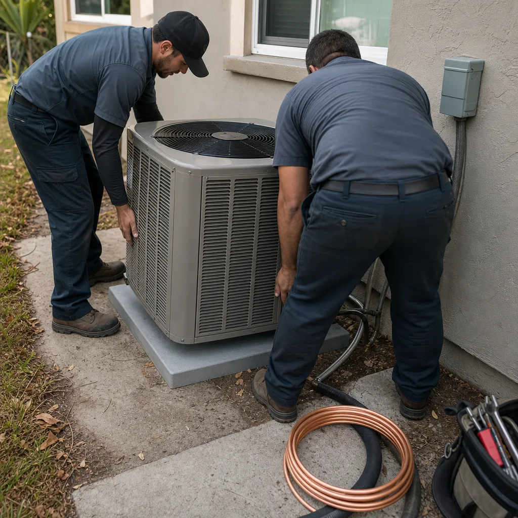 Two professional technicians performing an air conditioning unit repair.
