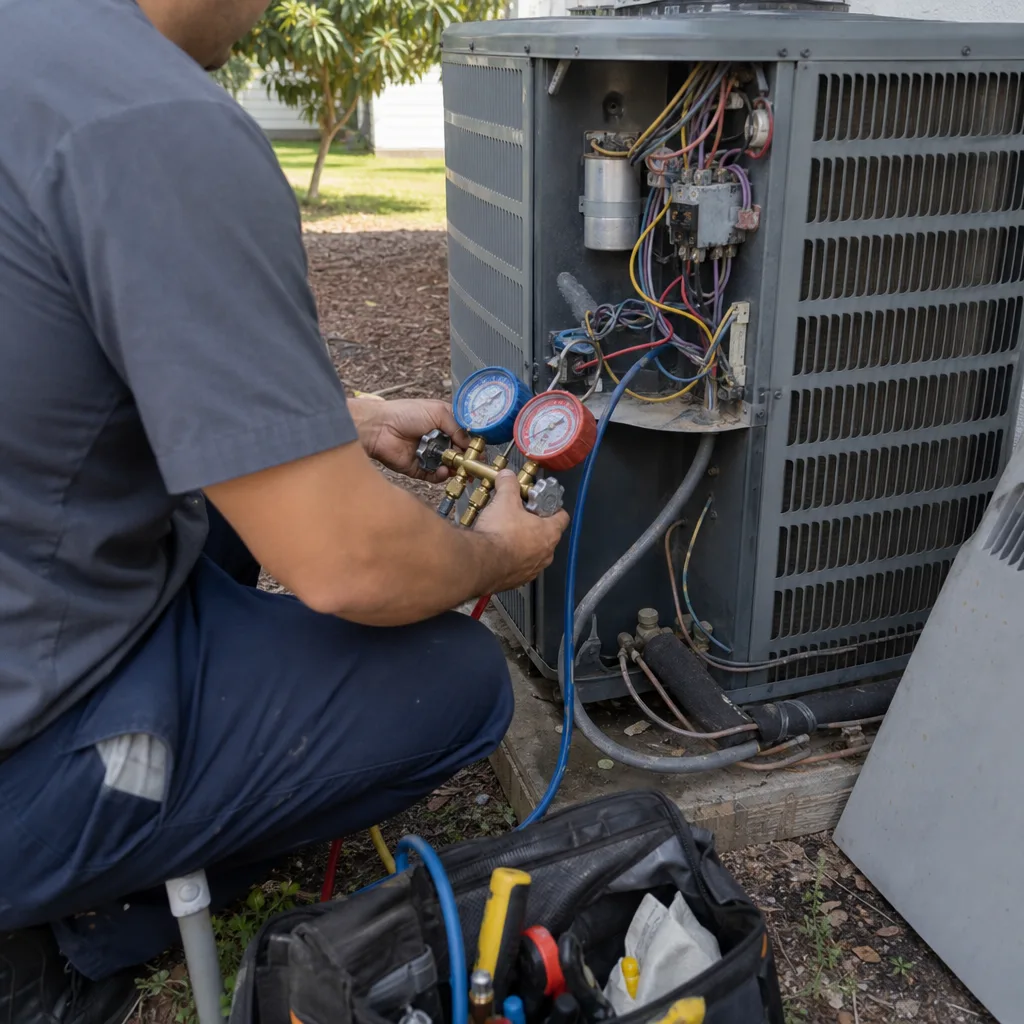 HVAC technician performing professional air conditioning repair and maintenance service