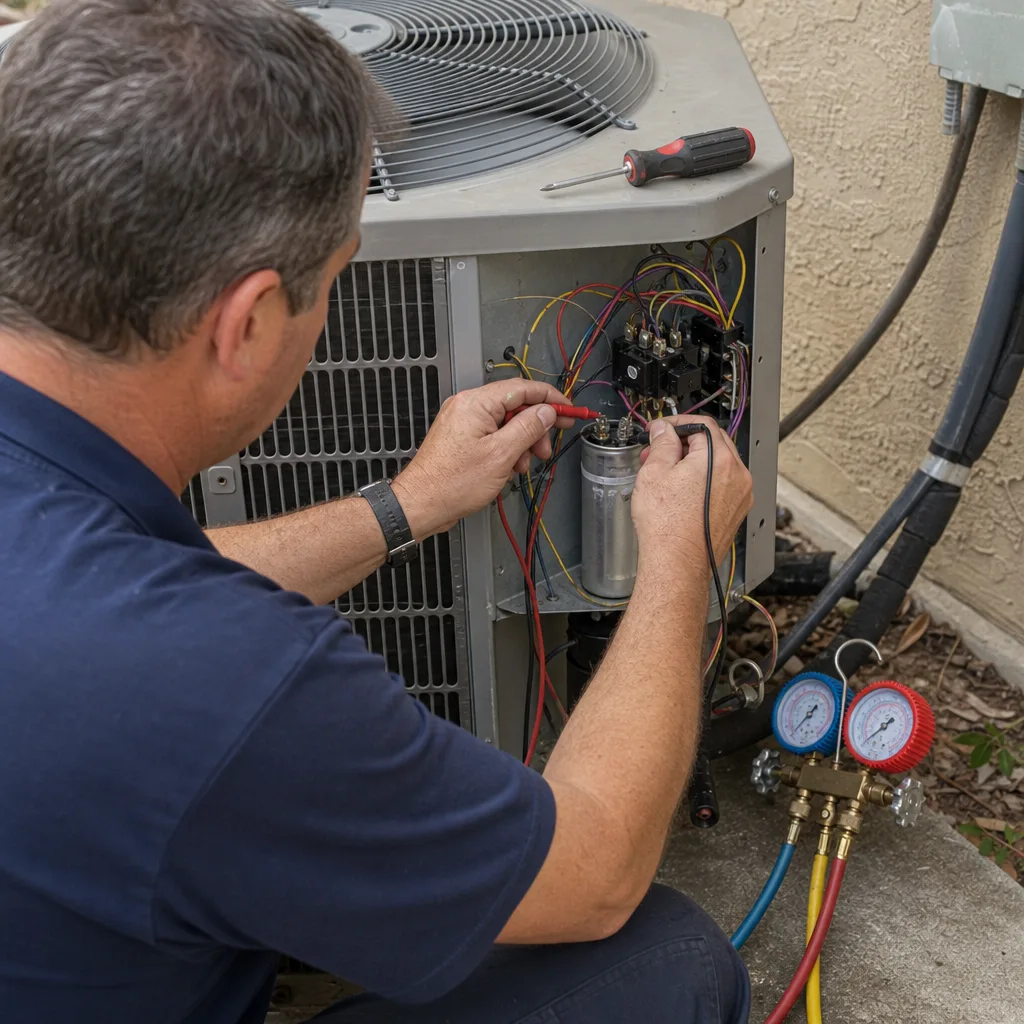 HVAC technician testing an outdoor AC unit capacitor with a multimeter.