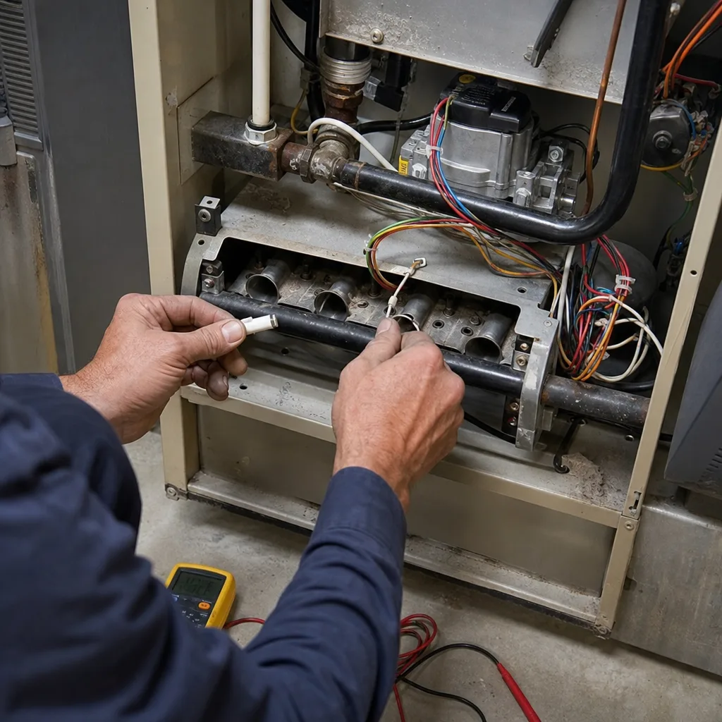 HVAC technician performing professional furnace repair and diagnostic testing