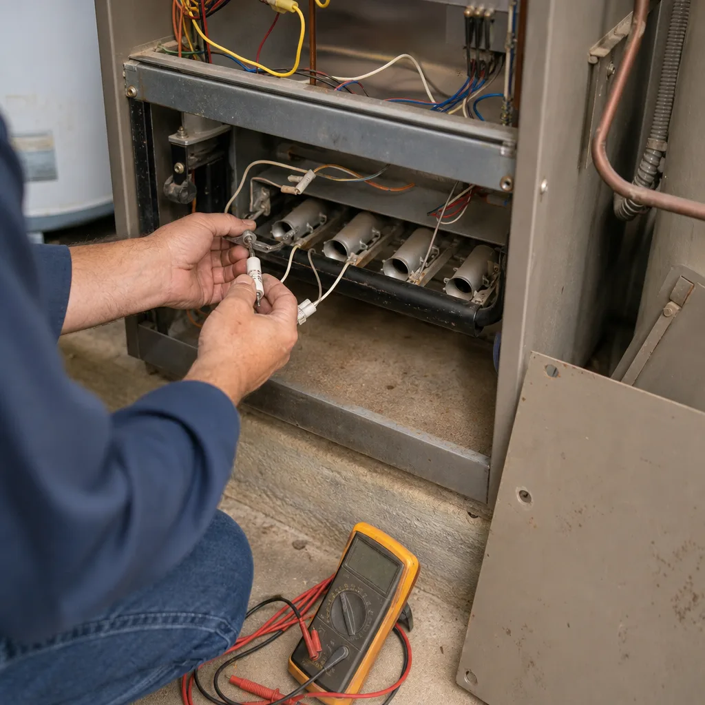 Technician performing professional furnace repair and diagnostic testing on HVAC system.