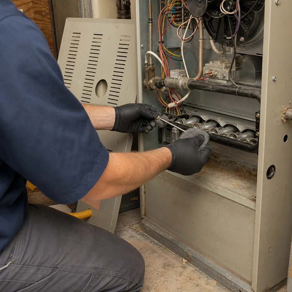 HVAC technician cleaning burner components during a residential furnace repair
